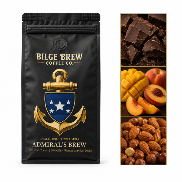 A black coffee bag from Bilge Brew Coffee Co. labeled Admiral's Brew, shown next to a vertical ingredient collage featuring chocolate, mango, peach, and pecans on a white background.