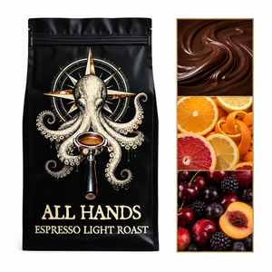 A black coffee bag labeled 'ALL HANDS ESPRESSO LIGHT ROAST' with a large octopus and compass graphic, shown beside flavor imagery of chocolate, orange, grapefruit, berries, and peach.