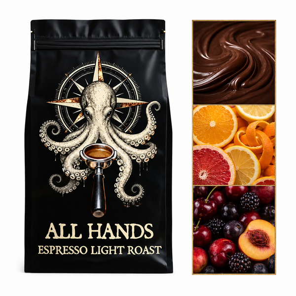 A black coffee bag labeled 'ALL HANDS ESPRESSO LIGHT ROAST' with a large octopus and compass graphic, shown beside flavor imagery of chocolate, orange, grapefruit, berries, and peach.