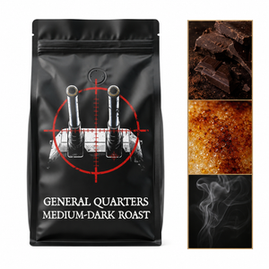A black coffee bag labeled 'GENERAL QUARTERS MEDIUM-DARK ROAST' with a red crosshair graphic, shown next to three inset detail images of dark chocolate, roasted beans, and steam.