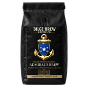 A black coffee bag with a gold anchor and blue shield logo, labeled Bilge Brew Coffee Co. Admiral's Brew, on a plain white background.