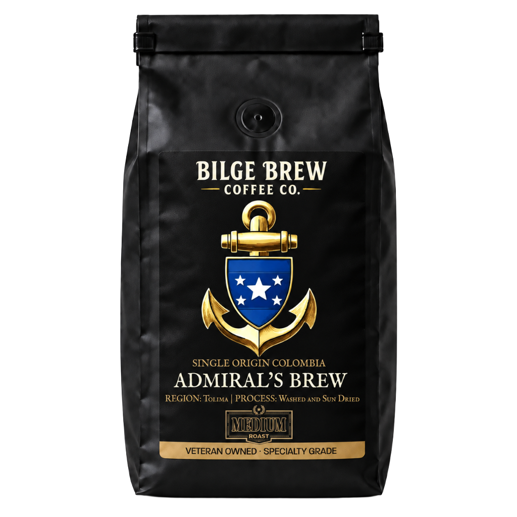 A black coffee bag with a gold anchor and blue shield logo, labeled Bilge Brew Coffee Co. Admiral's Brew, on a plain white background.
