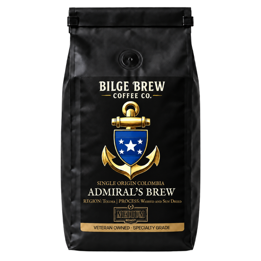 A black coffee bag with a gold anchor and blue shield logo, labeled Bilge Brew Coffee Co. Admiral's Brew, on a plain white background.