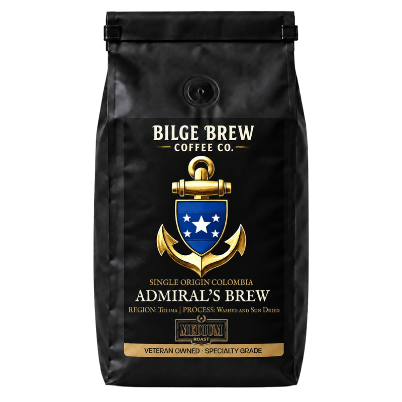 A black coffee bag with a gold anchor and blue shield logo, labeled Bilge Brew Coffee Co. Admiral's Brew, on a plain white background.