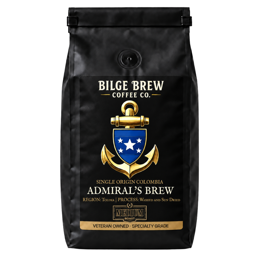 A black coffee bag with a gold anchor and blue shield logo, labeled Bilge Brew Coffee Co. Admiral's Brew, on a plain white background.