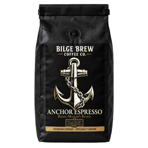 A black coffee bag with a gold and white anchor graphic and the text 'Bilge Brew Coffee Co. Anchor Espresso' on the front, photographed against a plain white background.