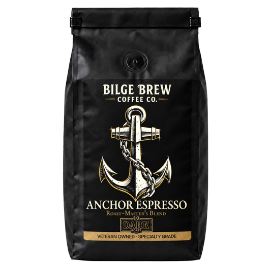 A black coffee bag with a gold and white anchor graphic and the text 'Bilge Brew Coffee Co. Anchor Espresso' on the front, photographed against a plain white background.
