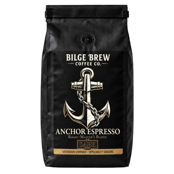 A black coffee bag with a gold and white anchor graphic and the text 'Bilge Brew Coffee Co. Anchor Espresso' on the front, photographed against a plain white background.