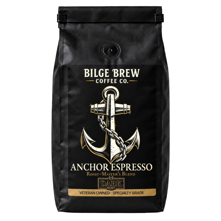 A black coffee bag with a gold and white anchor graphic and the text 'Bilge Brew Coffee Co. Anchor Espresso' on the front, photographed against a plain white background.