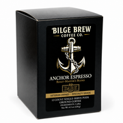 A black coffee box for Bilge Brew Coffee Co. Anchor Espresso, featuring a large silver anchor graphic and gold and white text on a clean white background.