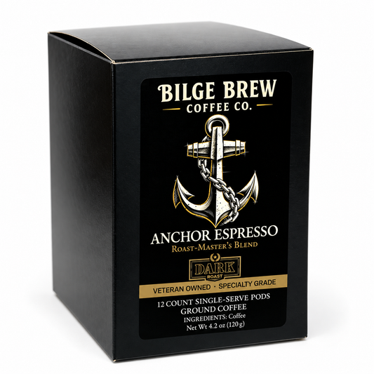 A black coffee box for Bilge Brew Coffee Co. Anchor Espresso, featuring a large silver anchor graphic and gold and white text on a clean white background.