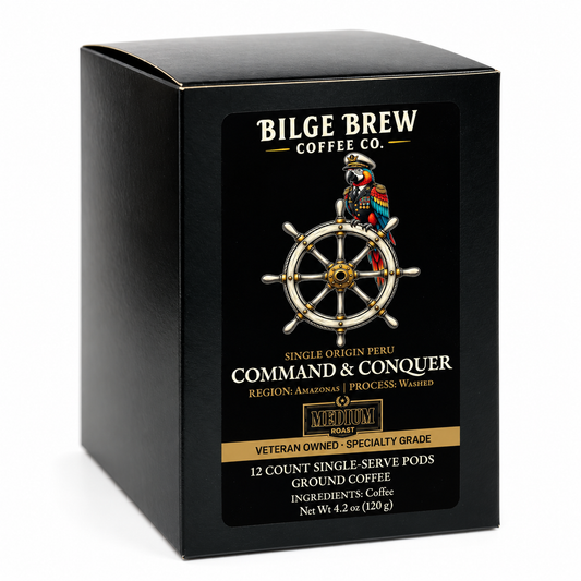 A black coffee box for Bilge Brew Coffee Co. featuring a black label with a ship's wheel graphic, a pirate illustration, and text for 'Command & Conquer' single-origin coffee.