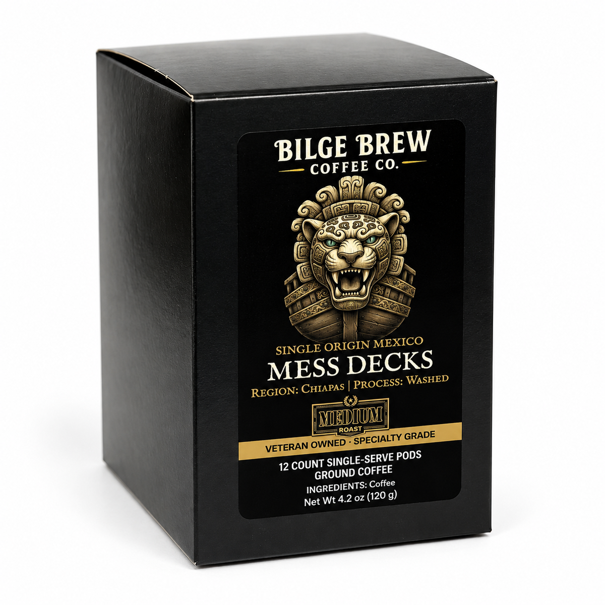 A black rectangular coffee box for Bilge Brew Coffee Co. Mess Decks single-origin Mexico ground coffee, featuring a gold Aztec eagle graphic and white text on a clean white background.