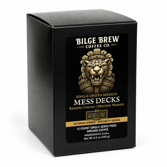 A black rectangular coffee box for Bilge Brew Coffee Co. Mess Decks single-origin Mexico ground coffee, featuring a gold Aztec eagle graphic and white text on a clean white background.