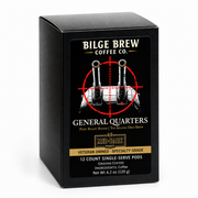 A black rectangular coffee box labeled Bilge Brew Coffee Co. General Quarters, shown on a clean white background. 
