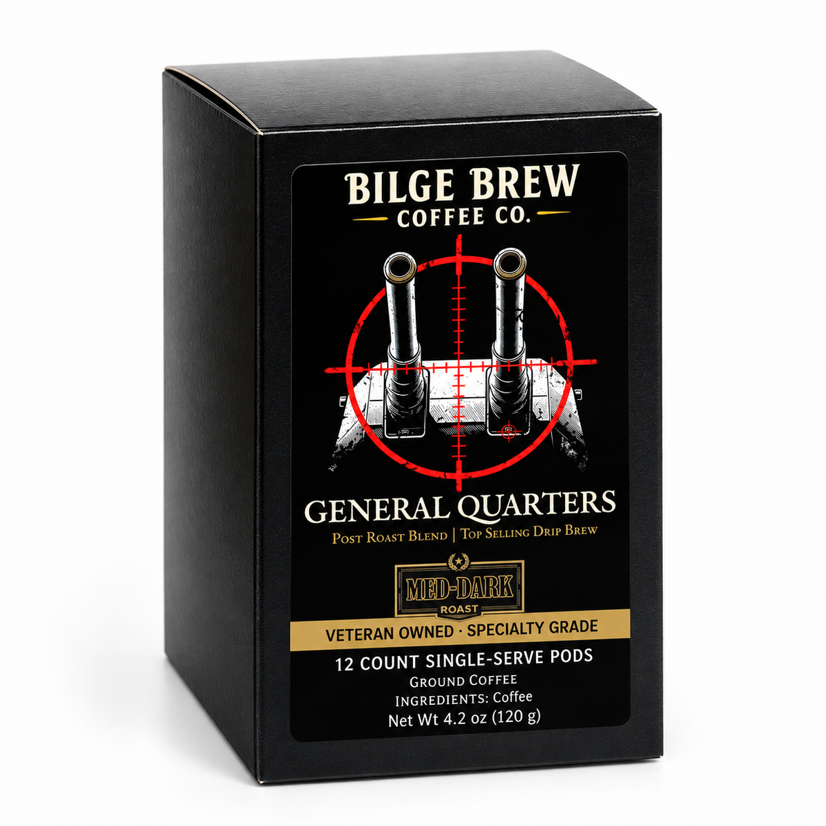 A black rectangular coffee box labeled Bilge Brew Coffee Co. General Quarters, shown on a clean white background. 