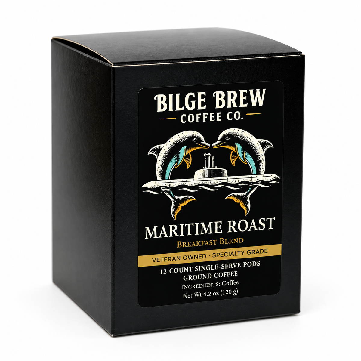 A black square coffee box for Bilge Brew Coffee Co. Maritime Roast Breakfast Blend, featuring a graphic of two dolphins facing a submarine on the front label.