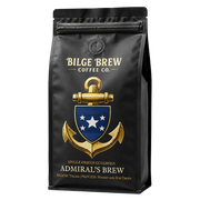 A black stand-up coffee bag with a gold anchor and blue shield graphic on the front. The text reads 'Bilge Brew Coffee Co.