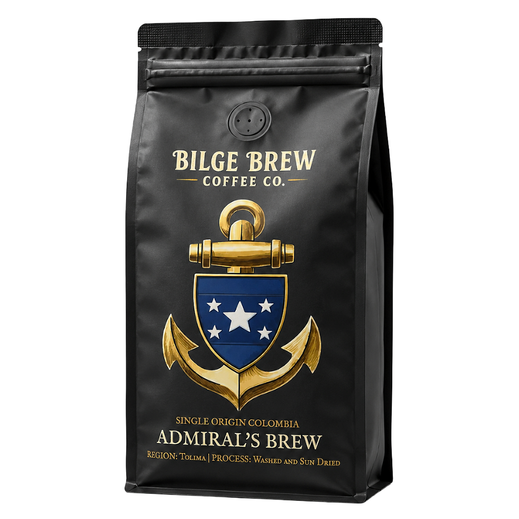 A black stand-up coffee bag with a gold anchor and blue shield graphic on the front. The text reads 'Bilge Brew Coffee Co.