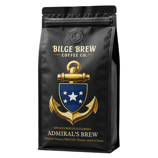 A black stand-up coffee bag with a gold anchor and blue shield graphic on the front. The text reads 'Bilge Brew Coffee Co.