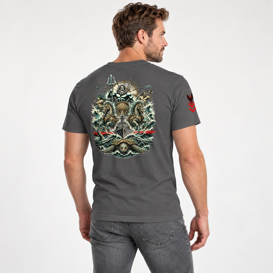 A man wearing a dark gray t-shirt, viewed from the back. The shirt features a large, detailed graphic print of a Japanese samurai warrior with a trident and waves on the back, and a small red graphic on the left sleeve.