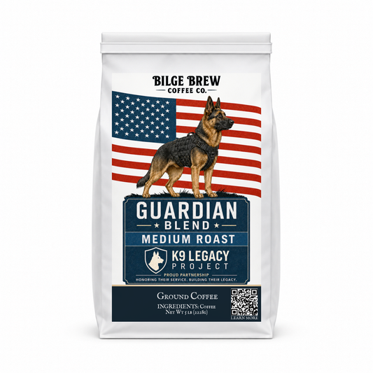 A white bag of 'Bilge Brew Coffee Co.' Guardian Blend Medium Roast K9 Legacy Project ground coffee, featuring a German Shepherd graphic over an American flag design.