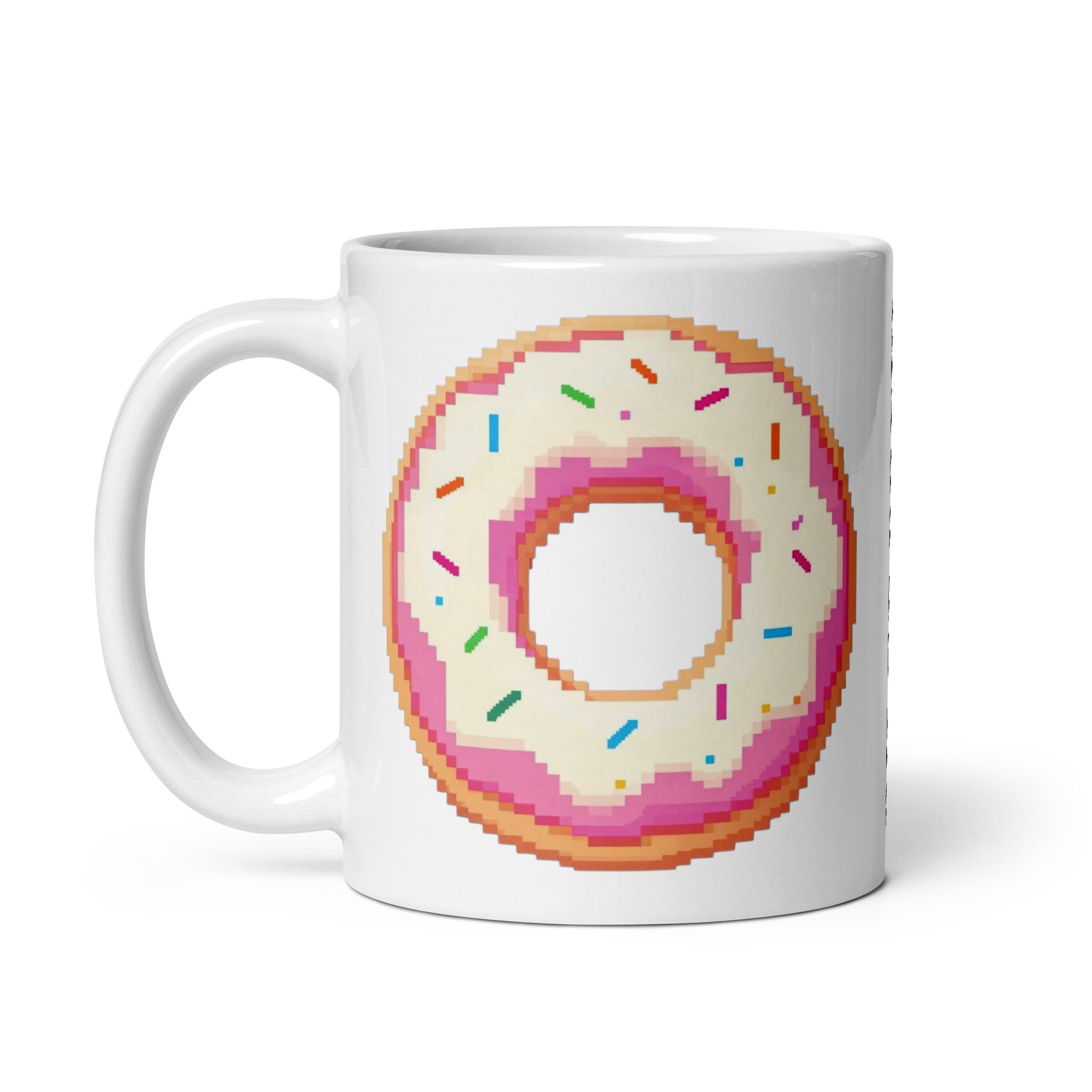 A white ceramic mug featuring a pixel-art style graphic of a donut with pink frosting and multicolored sprinkles, shown on a clean white background.