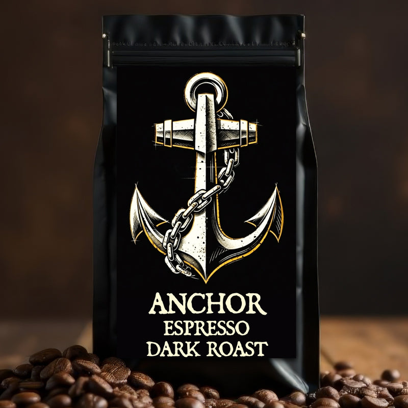 ANCHOR ESPRESSO — Dark Roast: Bilge Brew Anchor Espresso dark roast coffee bag on coffee beans, heavy-bodied espresso-focused roast