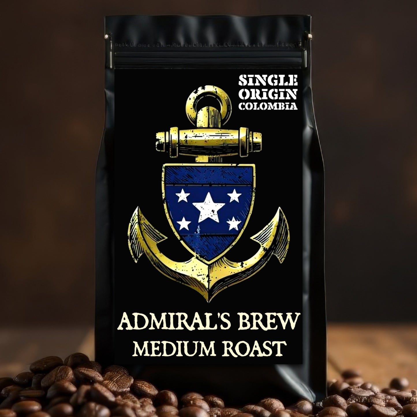 ADMIRAL’S BREW — Colombia Single Origin (Medium Roast): Bilge Brew Admiral’s Brew Colombia single origin medium roast coffee bag on coffee beans