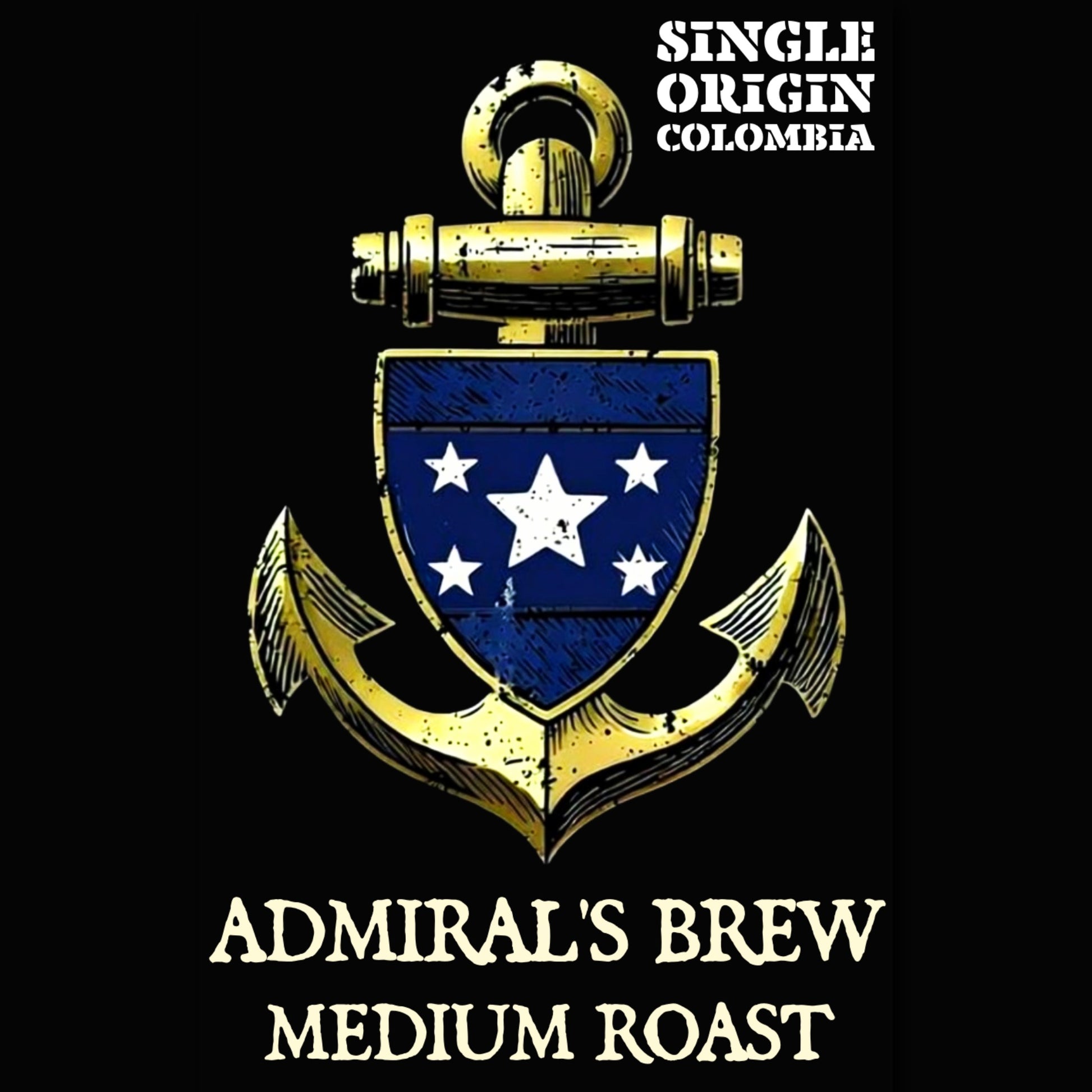 ADMIRAL’S BREW — Colombia Single Origin (Medium Roast): Bilge Brew Admiral’s Brew Colombia single origin medium roast coffee bag on coffee beans