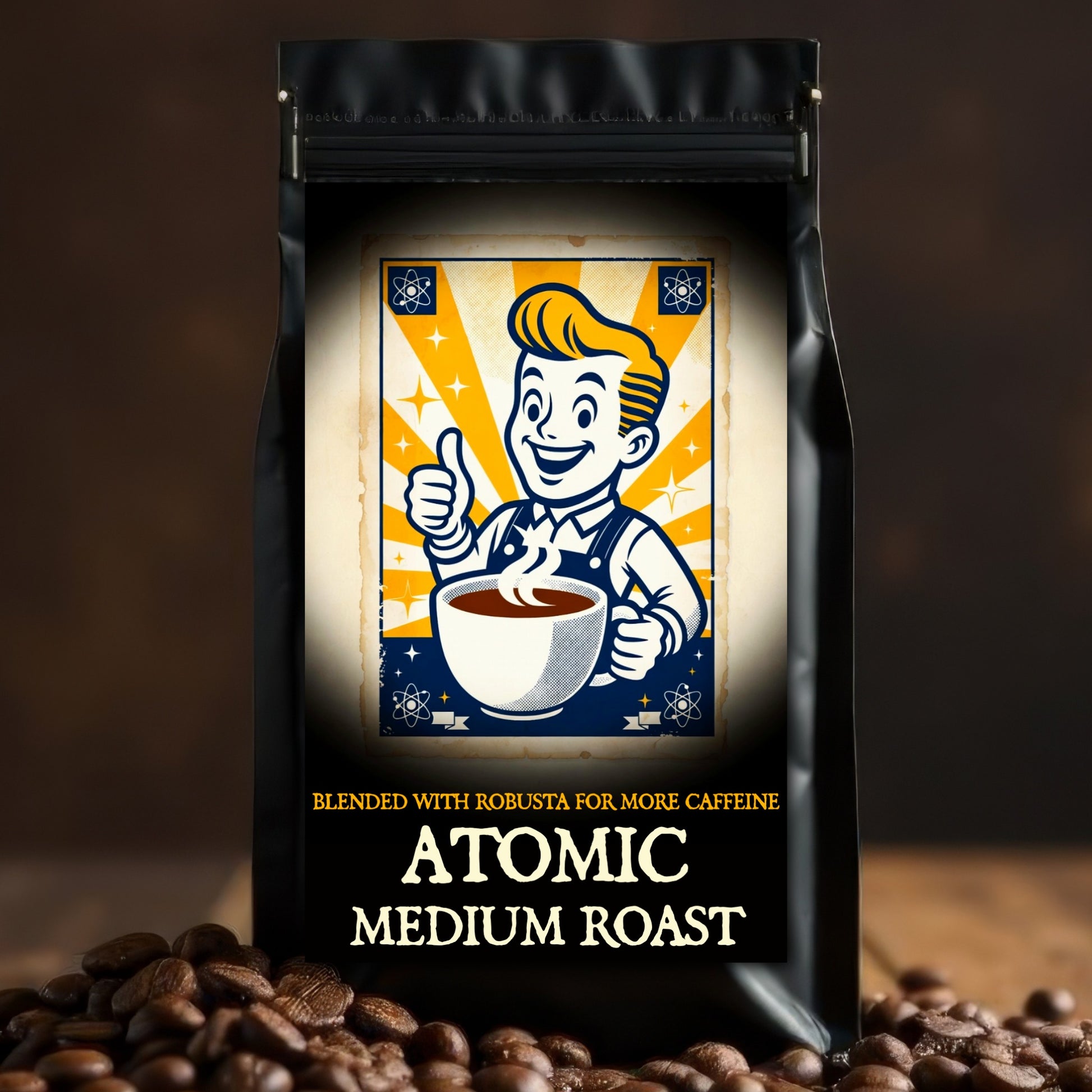 ATOMIC — Medium Roast Robusta Coffee: Bilge Brew Atomic medium roast robusta coffee bag on coffee beans, bold cocoa-forward flavor profile