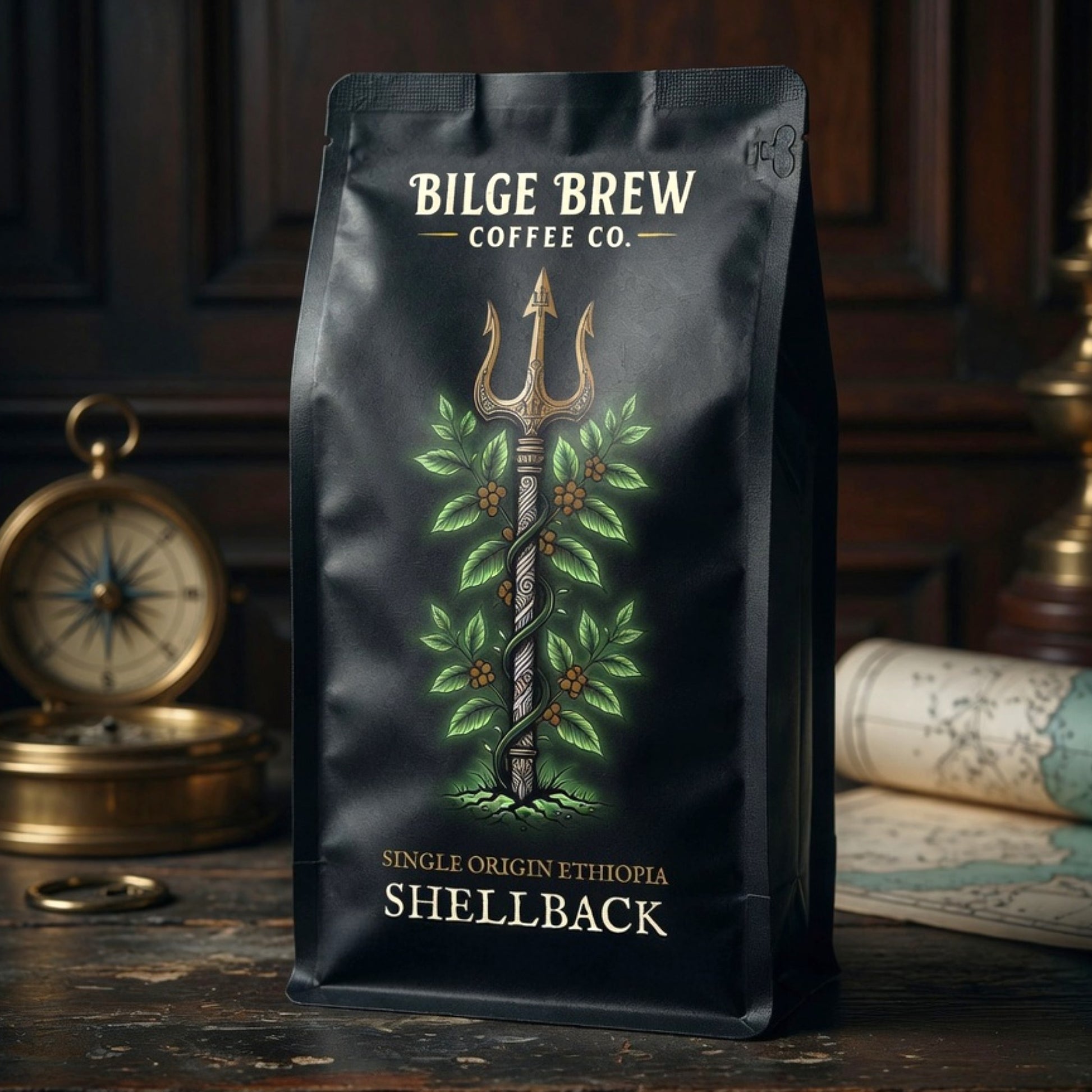 Coffee bag from Bilge Brew Coffee Co. with a trident design on a wooden background