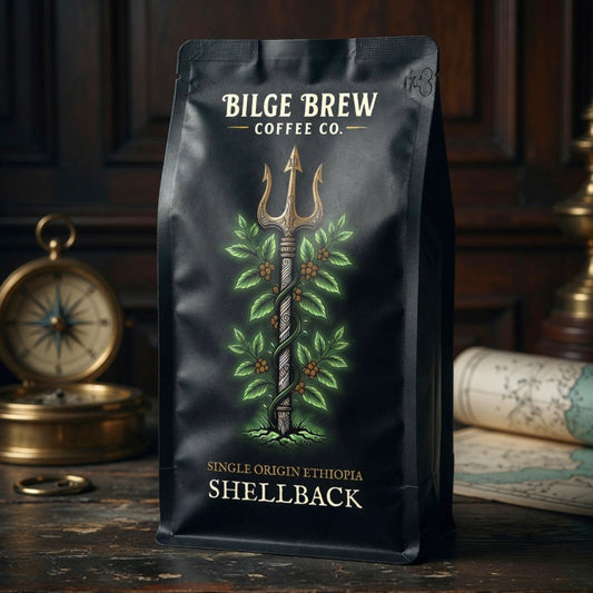 Coffee bag from Bilge Brew Coffee Co. with a trident design on a wooden background