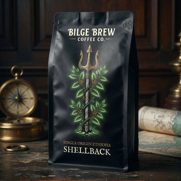 Coffee bag from Bilge Brew Coffee Co. with a trident design on a wooden background