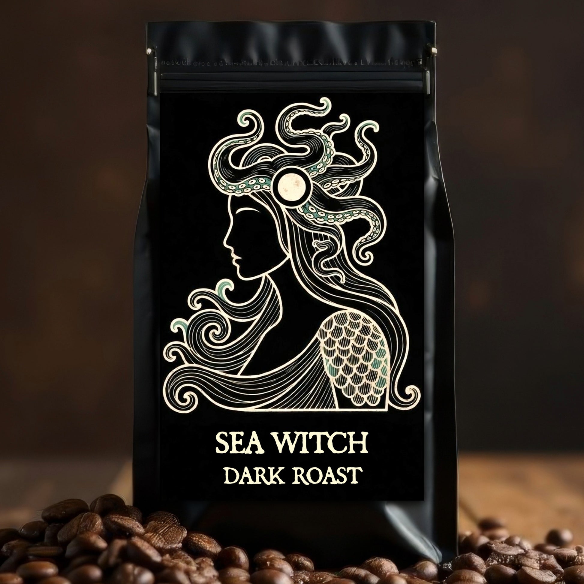 Black coffee bag with 'Sea Witch Dark Roast' design on a wooden surface with coffee beans.