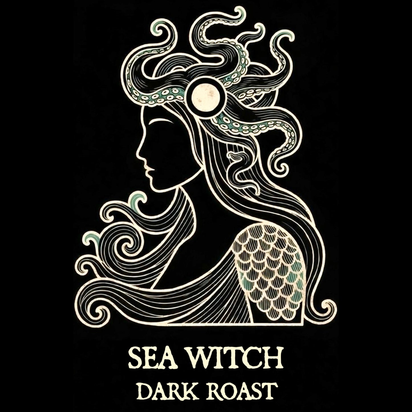 Logo of Sea Witch Dark Roast with stylized woman's head and octopus tentacles on a black background.