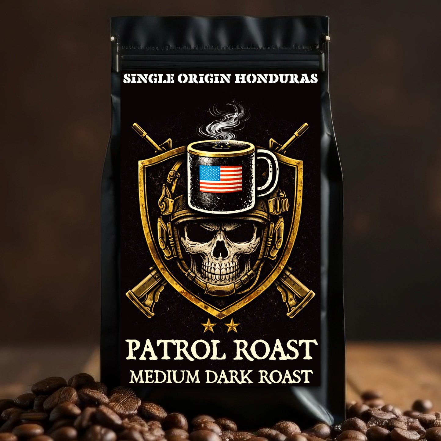 Coffee bag labeled 'Single Origin Honduras Patrol Roast' with a skull and American flag design on a dark background.