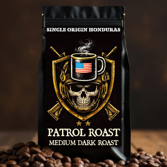 Coffee bag labeled 'Single Origin Honduras Patrol Roast' with a skull and American flag design on a dark background.