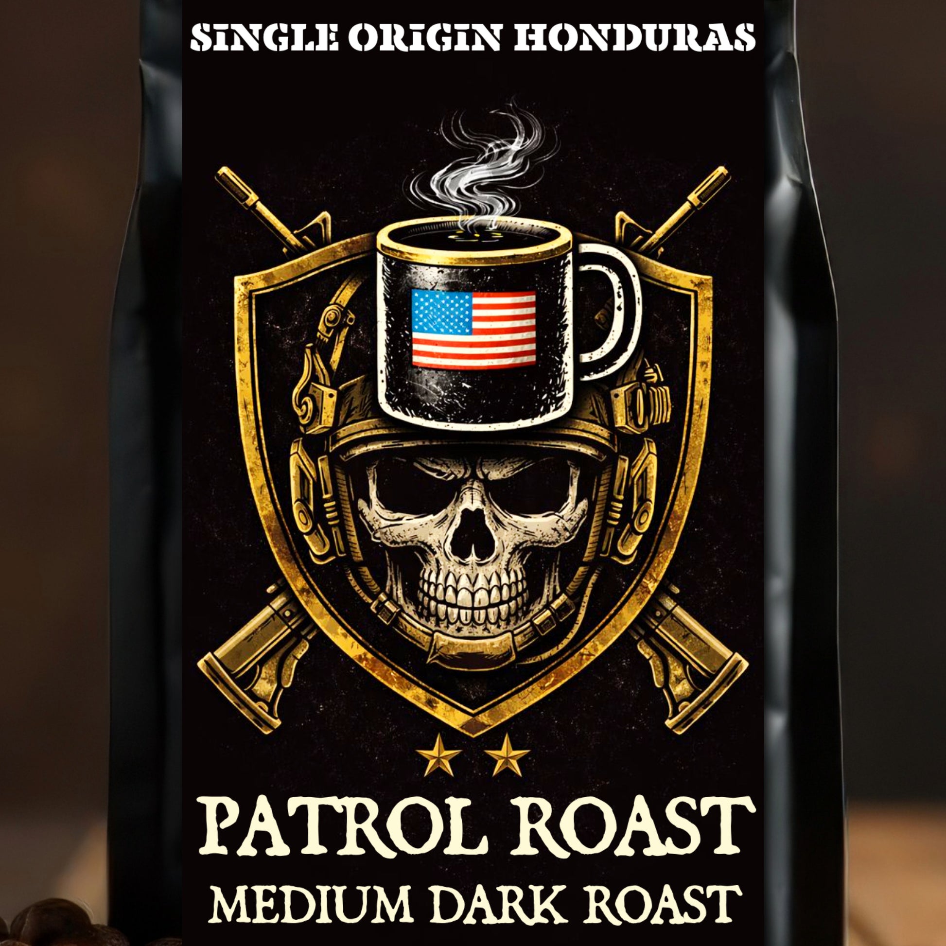 Coffee bag with skull design, American flag, and text 'Single Origin Honduras Patrol Roast'.