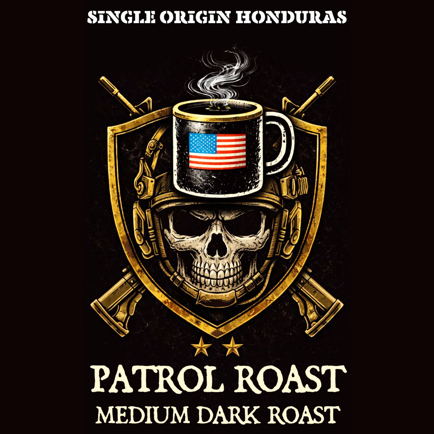 Logo for Patrol Roast coffee with a skull wearing an American flag coffee cup and crossed rifles on a black background.