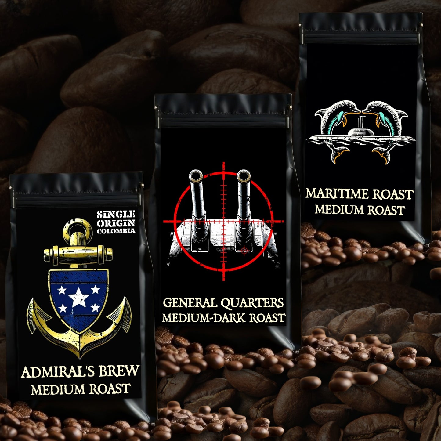 Bilge Brew Crew Sampler bundle featuring Admiral’s Brew Colombia single origin, General Quarters medium-dark, and Maritime Roast smooth medium