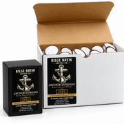 Bilge Brew Coffee Co. Anchor Espresso Dark Roast single-serve pods shown with a black retail box, a white box containing the pods, and an open kraft cardboard shipping box on a white background.