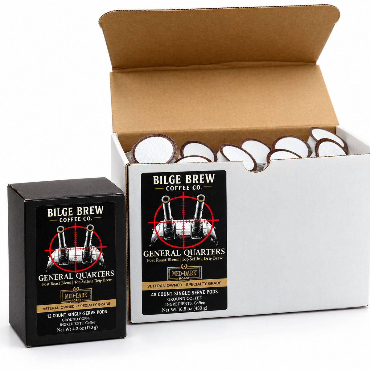 Bilge Brew Coffee Co. General Headquarters single-serve coffee pods, showing a black box of 12 count single-serve pods, a white box of 48 count single-serve pods, and an open kraft cardboard shipping box containing the pods.