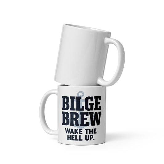 Bilge Brew Wake the Hell Up ceramic coffee mug with stacked navy lettering and muted naval emblem