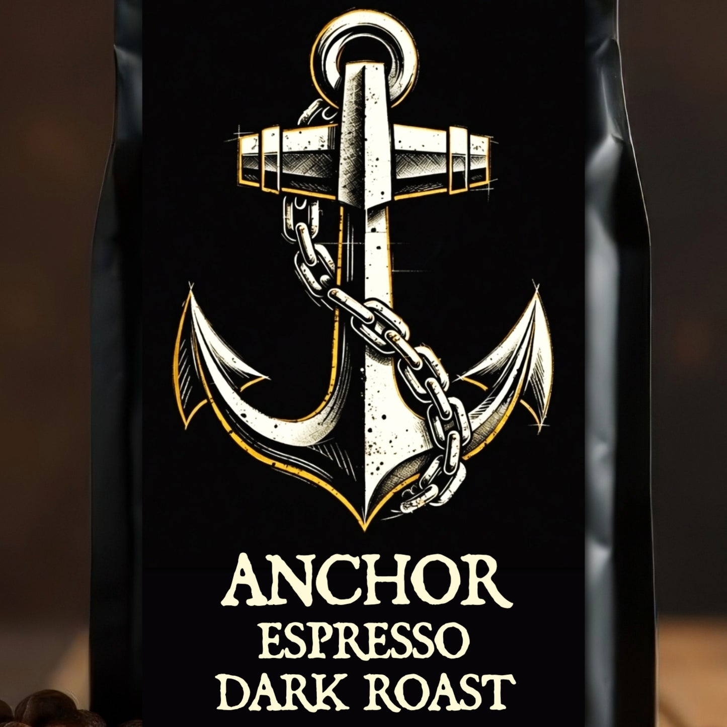 Black coffee bag with anchor design and 'Anchor Espresso Dark Roast' text on a wooden surface with coffee beans.