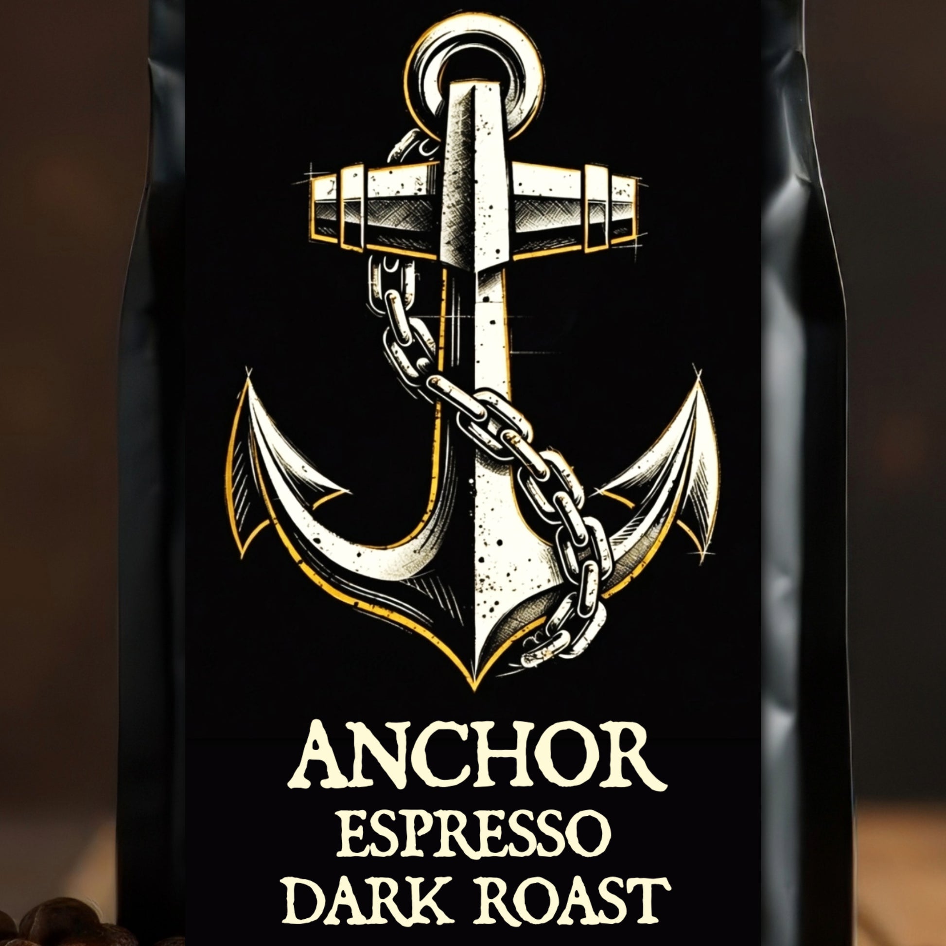 Black coffee bag with anchor design and 'Anchor Espresso Dark Roast' text on a wooden surface with coffee beans.