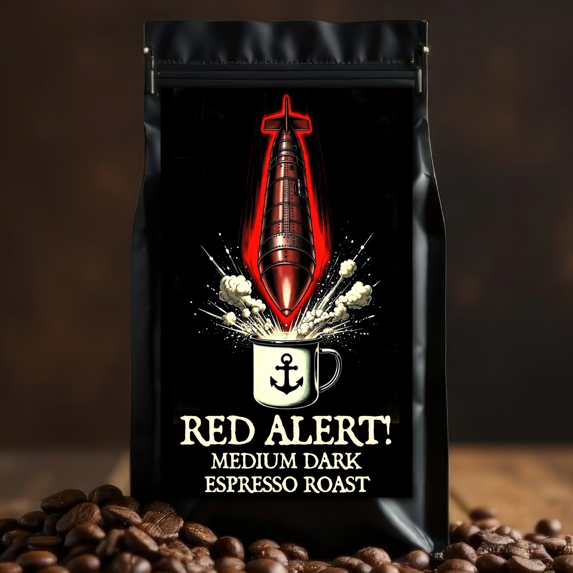 Coffee bag labeled 'Red Alert! Medium Dark Espresso Roast' with a red coffee bean design on a dark background.