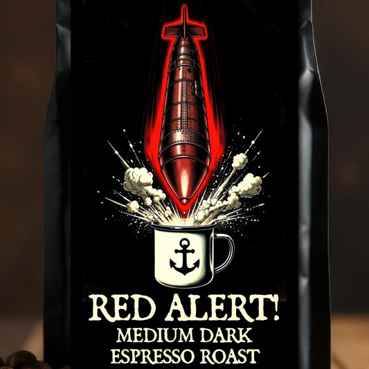 Coffee bag with a red alert design and espresso roast text