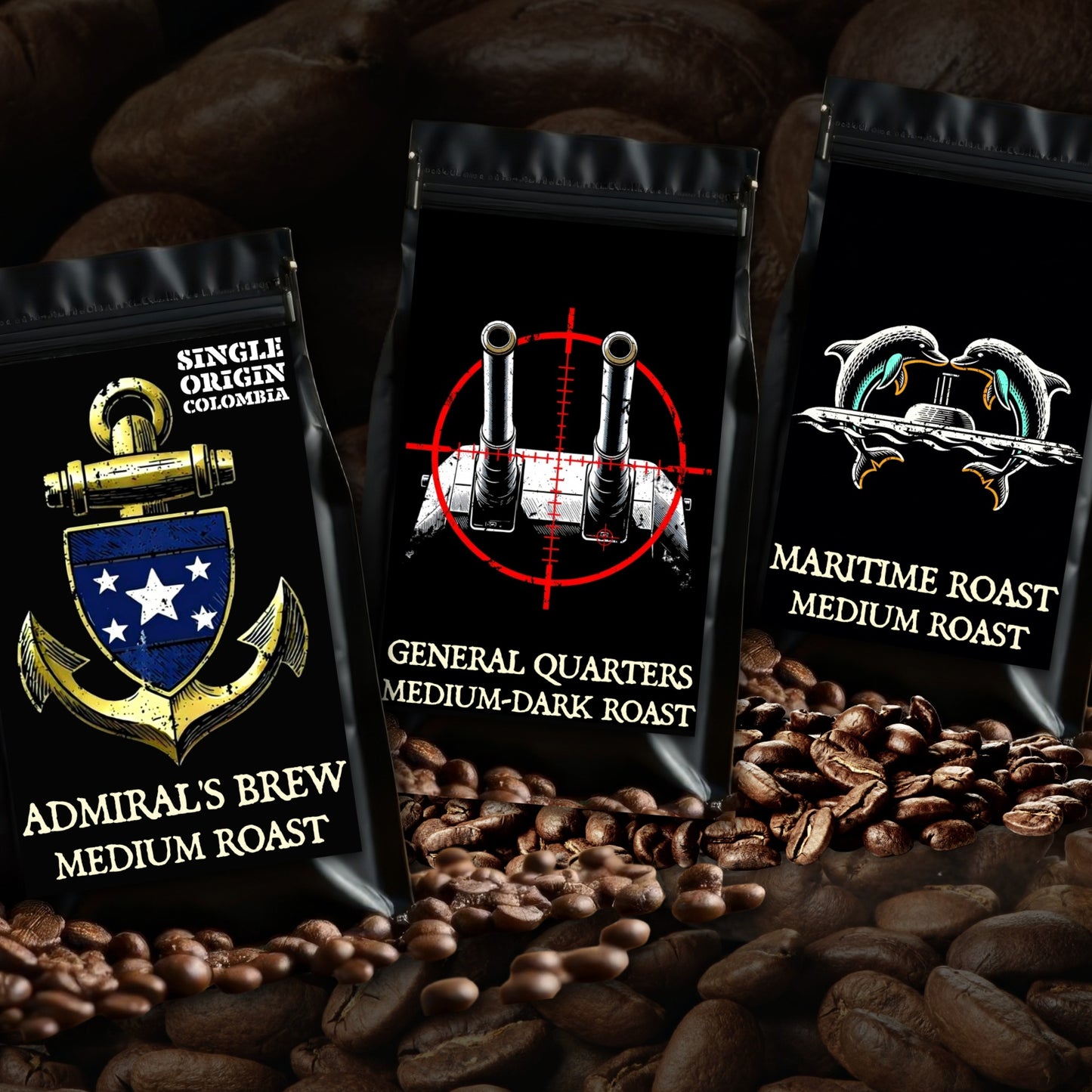 Three coffee bags with different roast types and designs on a background of coffee beans. Admirals Brew Colombia, general quarters, maritime roast.
