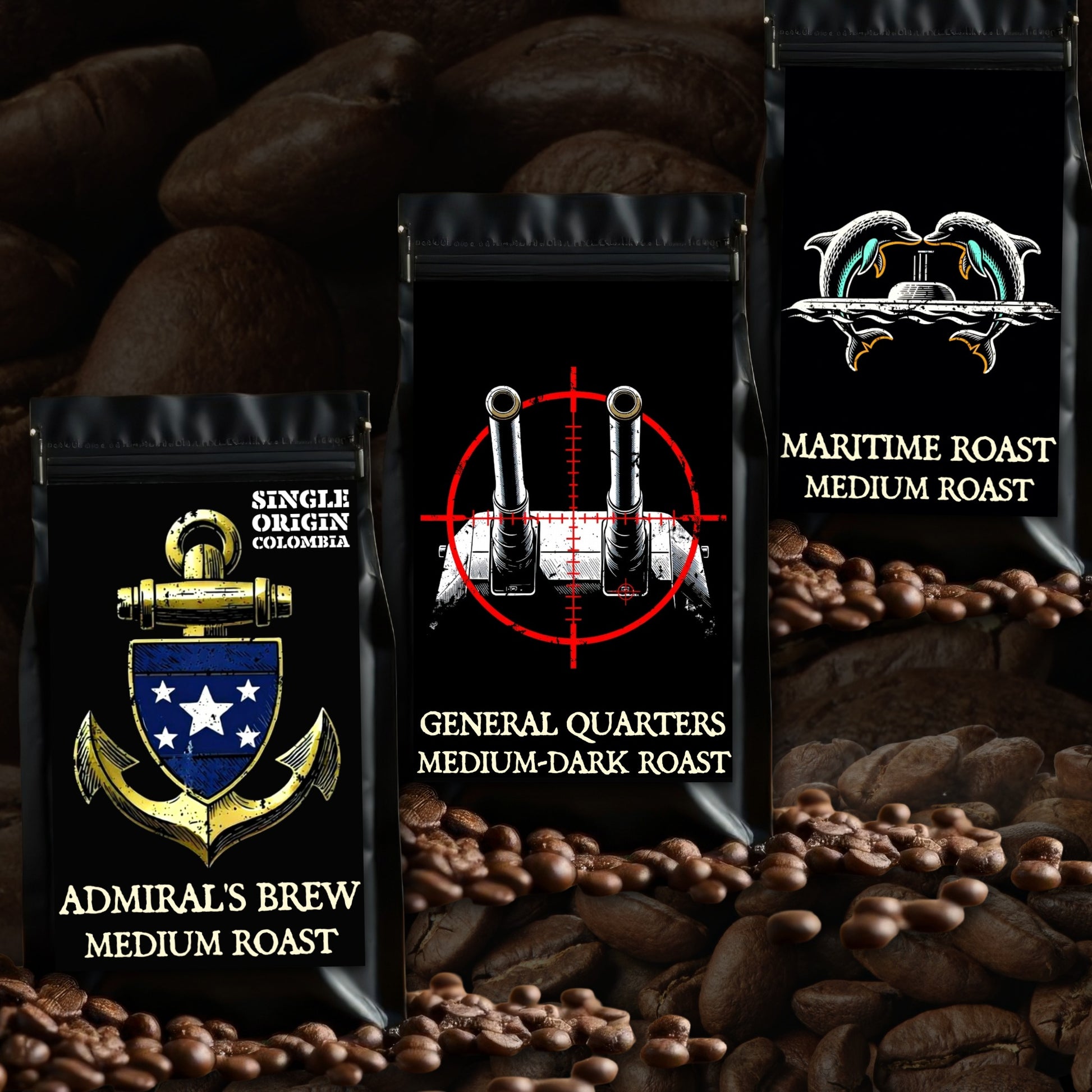 Three coffee bags with different roast types and designs on a background of coffee beans. Admirals Brew Colombia, general quarters, maritime roast.